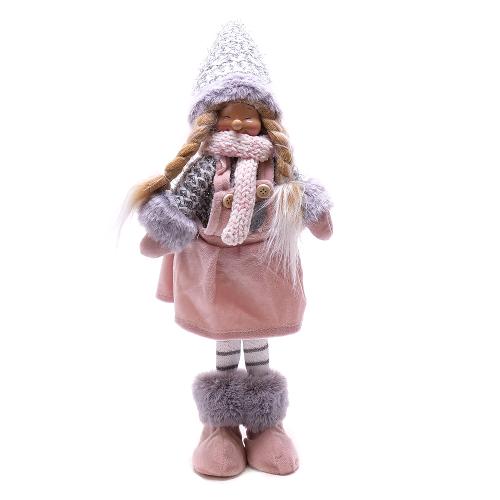 Postavička dievčatko s vysokým klobúkom látkové ružovo-sivé 17x13x48 cm